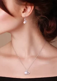 7.5-8 and 8.5-9MM Cultured Freshwater Pearl and Diamond Accent Bow Leverback Earrings and Pendant with Chain in Sterling Silver