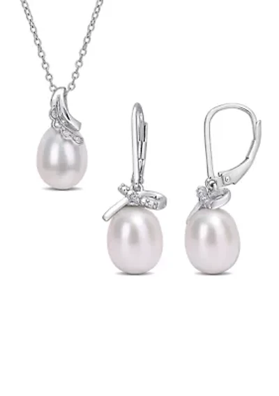 7.5-8 and 8.5-9 MM Cultured Freshwater Pearl and Diamond Accent Leverback Earrings and Pendant with Chain 2-Piece Set in Sterling Silver