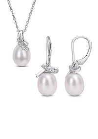7.5-8 and 8.5-9 MM Cultured Freshwater Pearl and Diamond Accent Leverback Earrings and Pendant with Chain 2-Piece Set in Sterling Silver