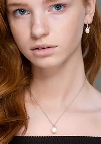 7.5-8 and 8.5-9 MM Cultured Freshwater Pearl and Diamond Accent Leverback Earrings and Pendant with Chain 2-Piece Set in Sterling Silver