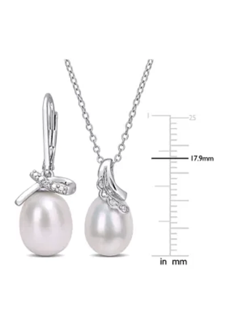 7.5-8 and 8.5-9 MM Cultured Freshwater Pearl and Diamond Accent Leverback Earrings and Pendant with Chain 2-Piece Set in Sterling Silver