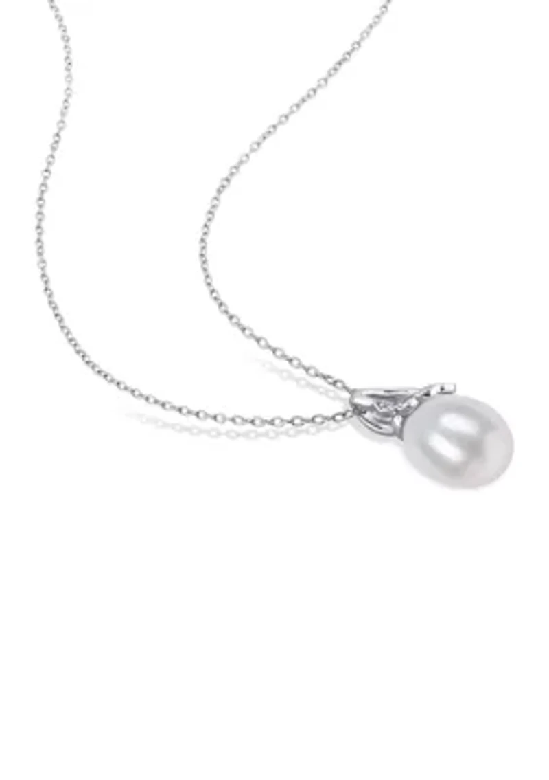 7.5-8 and 8.5-9 MM Cultured Freshwater Pearl and Diamond Accent Leverback Earrings and Pendant with Chain 2-Piece Set in Sterling Silver