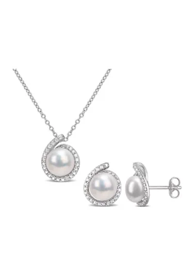 8-8.5mm Freshwater Cultured Pearl and Diamond Accent Halo Stud Earrings and Pendant with Chain in Sterling Silver