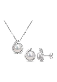 8-8.5mm Freshwater Cultured Pearl and Diamond Accent Halo Stud Earrings and Pendant with Chain in Sterling Silver