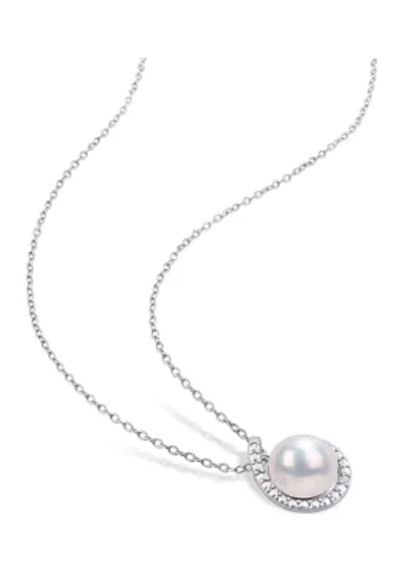 8-8.5mm Freshwater Cultured Pearl and Diamond Accent Halo Stud Earrings and Pendant with Chain in Sterling Silver