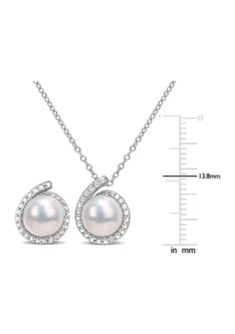 8-8.5mm Freshwater Cultured Pearl and Diamond Accent Halo Stud Earrings and Pendant with Chain in Sterling Silver