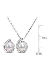 8-8.5mm Freshwater Cultured Pearl and Diamond Accent Halo Stud Earrings and Pendant with Chain in Sterling Silver