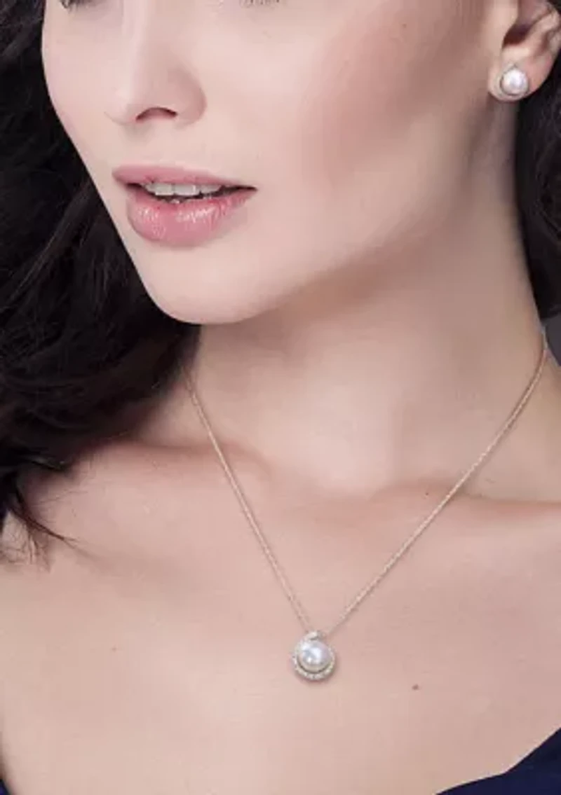 8-8.5mm Freshwater Cultured Pearl and Diamond Accent Halo Stud Earrings and Pendant with Chain in Sterling Silver