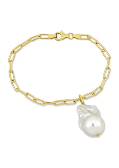 13-14mm Freshwater Cultured Pearl 3.5mm Paperclip Link Bracelet in 18k Yellow Gold Plated Sterling Silver