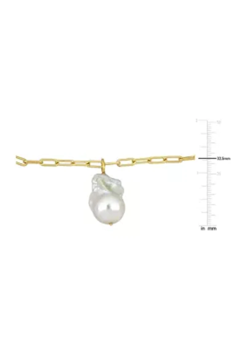 13-14mm Freshwater Cultured Pearl 3.5mm Paperclip Link Bracelet in 18k Yellow Gold Plated Sterling Silver