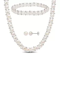6-7mm & 7--8mm Cultured Freshwater Button Pearl Strand Necklace, Bracelet and Stud Earrings 3-Piece Set with Sterling Silver