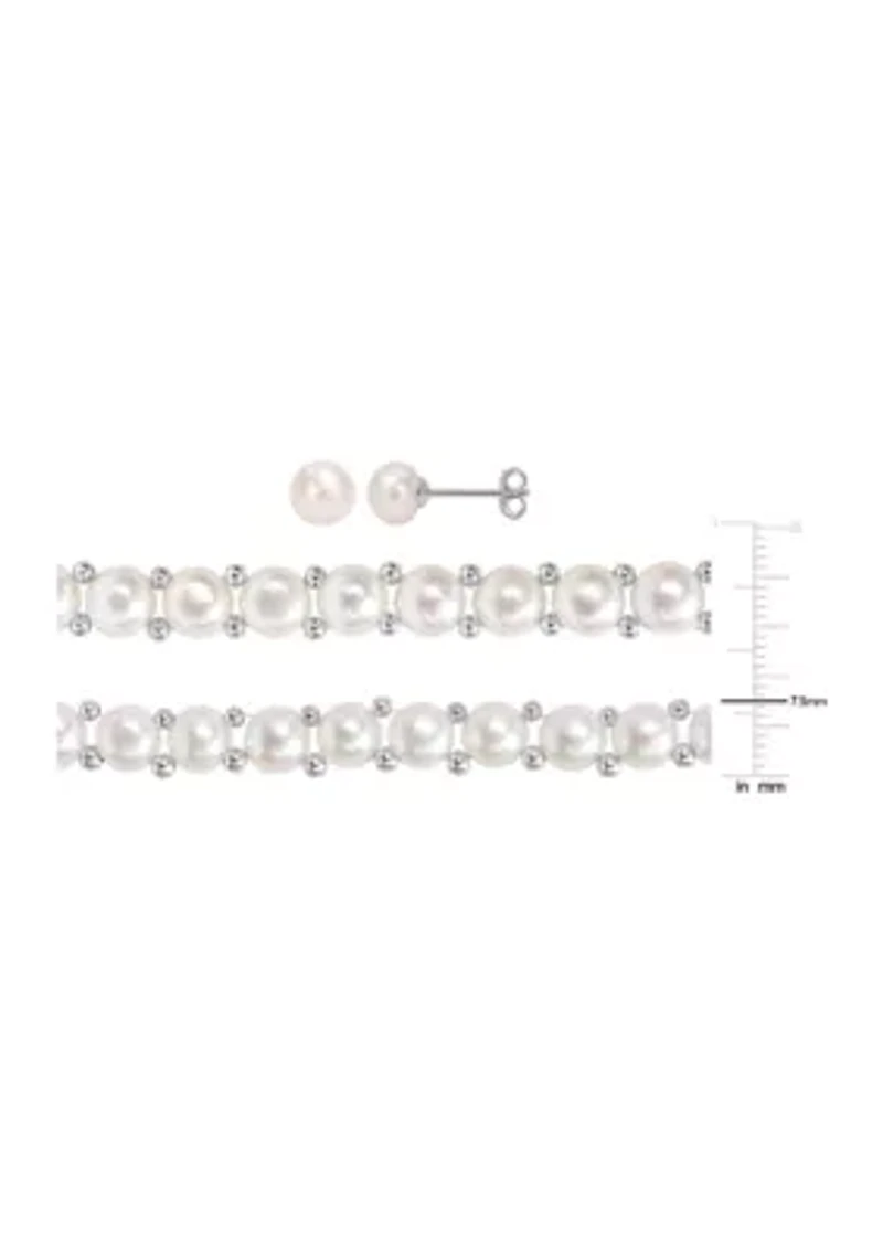 6-7mm & 7--8mm Cultured Freshwater Button Pearl Strand Necklace, Bracelet and Stud Earrings 3-Piece Set with Sterling Silver