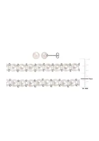 6-7mm & 7--8mm Cultured Freshwater Button Pearl Strand Necklace, Bracelet and Stud Earrings 3-Piece Set with Sterling Silver