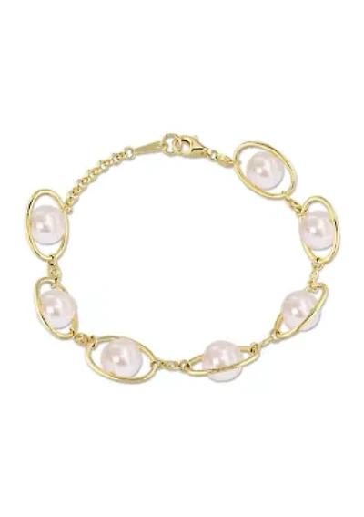 8-8.5mm Freshwater Pearl & 1/10 CT TGW Cubic Zirconia Bracelet in Yellow Plated Sterling Silver