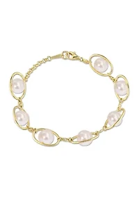 8-8.5mm Freshwater Pearl & 1/10 CT TGW Cubic Zirconia Bracelet in Yellow Plated Sterling Silver