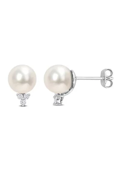 8-8.5mm Freshwater Cultured Pearl and 1/8 CT TW Diamond Pearl Stud Earrings in Sterling Silver