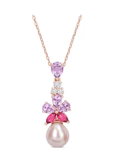 9.5-10mm Pink Freshwater Cultured Pearl 2 3/8 CT TGW Rose de France and White and Pink Topaz Floral Drop Pendant in 18k Rose Gold Plated Sterling Silver