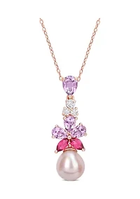 9.5-10mm Pink Freshwater Cultured Pearl 2 3/8 CT TGW Rose de France and White and Pink Topaz Floral Drop Pendant in 18k Rose Gold Plated Sterling Silver