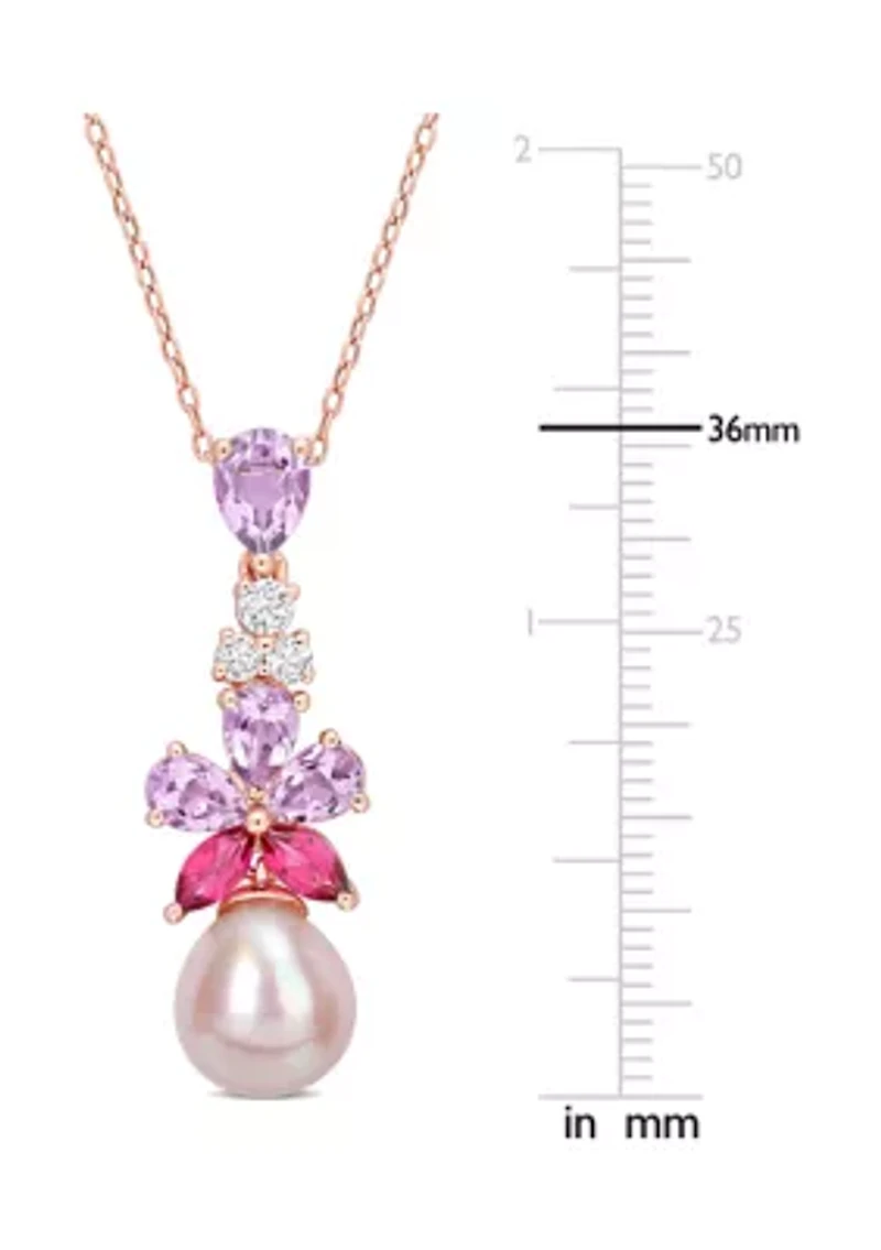 9.5-10mm Pink Freshwater Cultured Pearl 2 3/8 CT TGW Rose de France and White and Pink Topaz Floral Drop Pendant in 18k Rose Gold Plated Sterling Silver