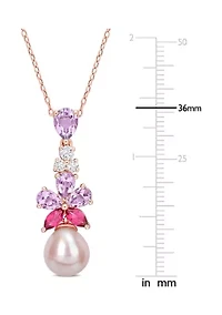 9.5-10mm Pink Freshwater Cultured Pearl 2 3/8 CT TGW Rose de France and White and Pink Topaz Floral Drop Pendant in 18k Rose Gold Plated Sterling Silver