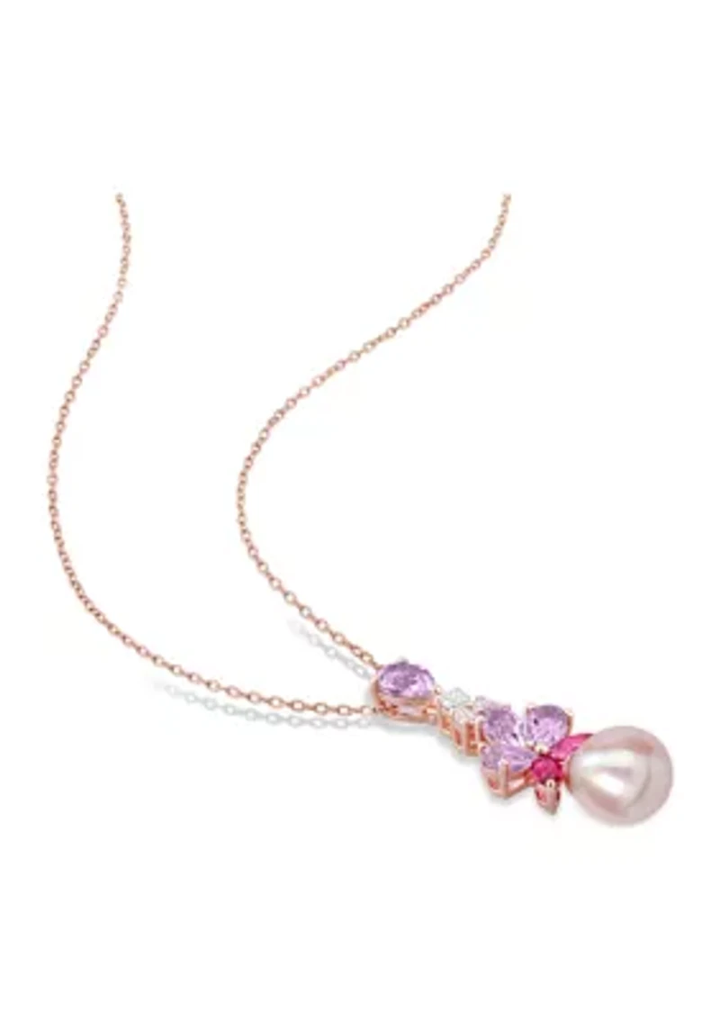 9.5-10mm Pink Freshwater Cultured Pearl 2 3/8 CT TGW Rose de France and White and Pink Topaz Floral Drop Pendant in 18k Rose Gold Plated Sterling Silver