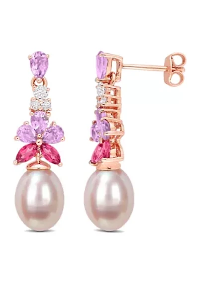 8.5-9mm Pink Freshwater Cultured Pearl 2 3/8 CT TGW Rose de France and White and Pink Topaz Floral Drop Earrings in 18k Rose Gold Plated Sterling Silver