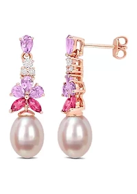 8.5-9mm Pink Freshwater Cultured Pearl 2 3/8 CT TGW Rose de France and White and Pink Topaz Floral Drop Earrings in 18k Rose Gold Plated Sterling Silver