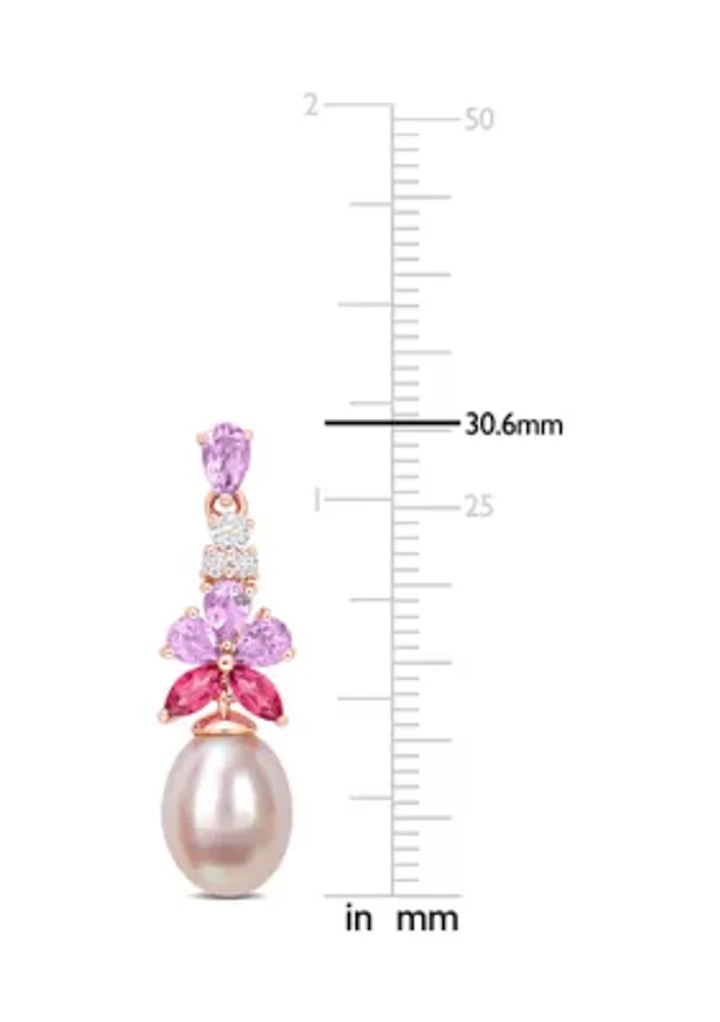 8.5-9mm Pink Freshwater Cultured Pearl 2 3/8 CT TGW Rose de France and White and Pink Topaz Floral Drop Earrings in 18k Rose Gold Plated Sterling Silver