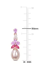 8.5-9mm Pink Freshwater Cultured Pearl 2 3/8 CT TGW Rose de France and White and Pink Topaz Floral Drop Earrings in 18k Rose Gold Plated Sterling Silver