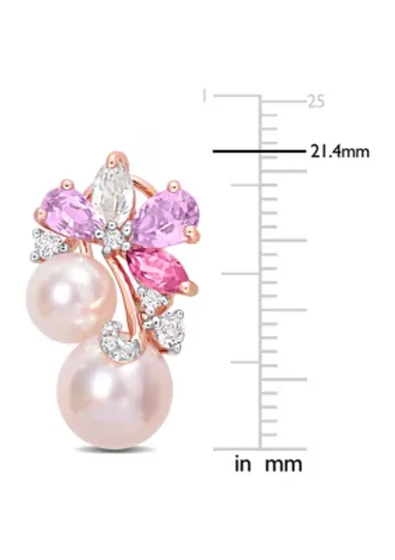 Pink Cultured Freshwater Pearl & 2 1/2 CT TGW Rose de France and Topaz Earrings in 18k Rose Plated Sterling Silver