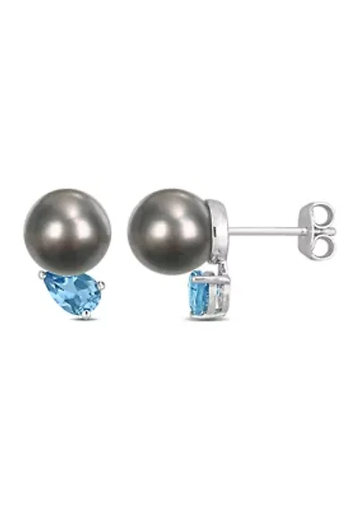 8-9mm Black Tahitian Cultured Pearl and 1 CT TGW Swiss Blue Topaz Stud Earrings in Sterling Silver