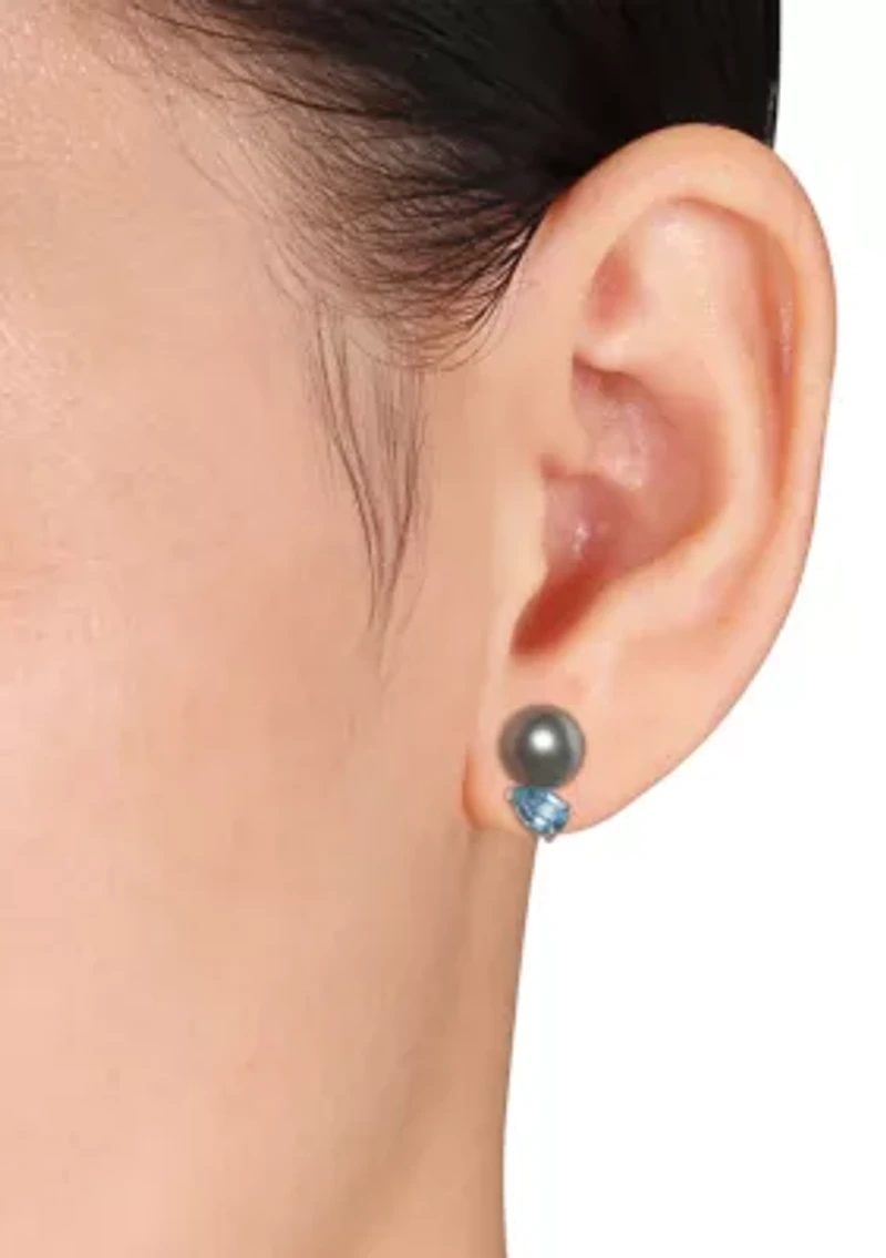 8-9mm Black Tahitian Cultured Pearl and 1 CT TGW Swiss Blue Topaz Stud Earrings in Sterling Silver