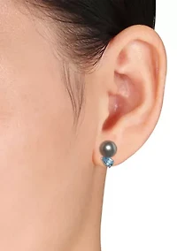 8-9mm Black Tahitian Cultured Pearl and 1 CT TGW Swiss Blue Topaz Stud Earrings in Sterling Silver
