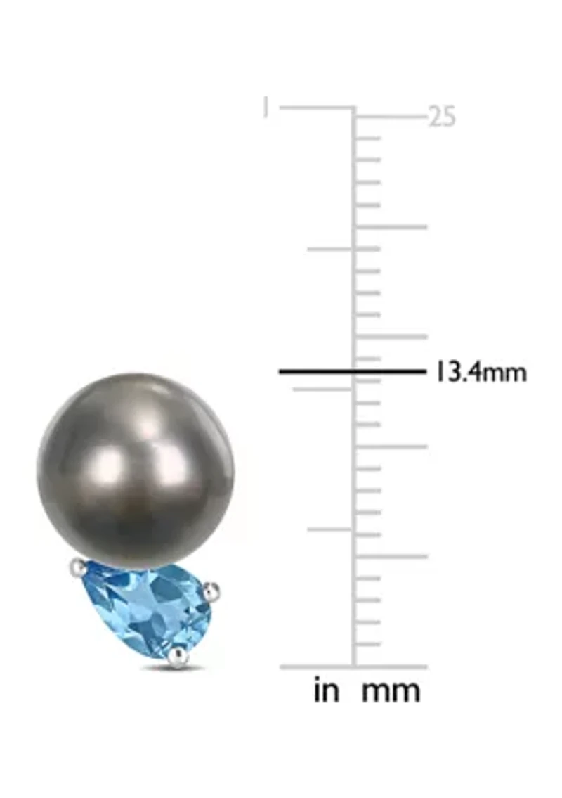 8-9mm Black Tahitian Cultured Pearl and 1 CT TGW Swiss Blue Topaz Stud Earrings in Sterling Silver
