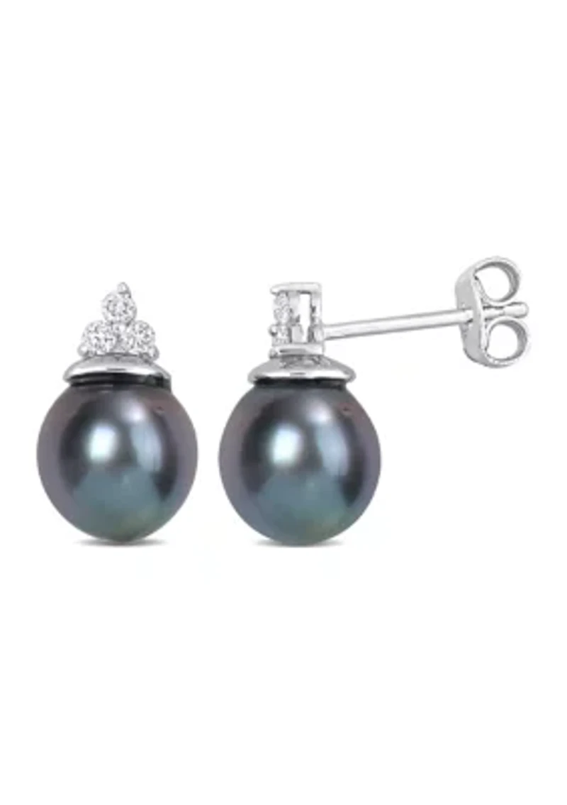 8-8.5mm Black Tahitian Cultured Pearl and 1/8 CT TW Diamond Stud Earrings in Sterling Silver