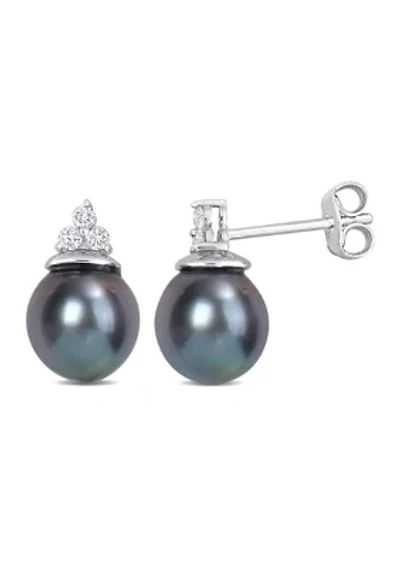 8-8.5mm Black Tahitian Cultured Pearl and 1/8 CT TW Diamond Stud Earrings in Sterling Silver