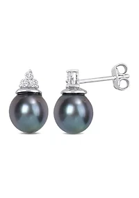 8-8.5mm Black Tahitian Cultured Pearl and 1/8 CT TW Diamond Stud Earrings in Sterling Silver