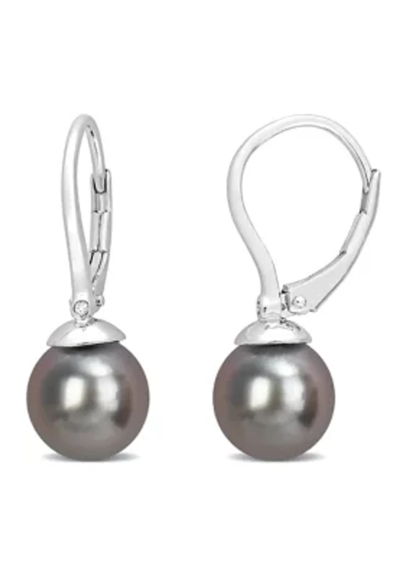 8-8.5mm Black Tahitian Cultured Freshwater Pearl & Diamond Accent Leverback Earrings in Sterling Silver
