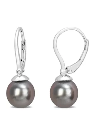 8-8.5mm Black Tahitian Cultured Freshwater Pearl & Diamond Accent Leverback Earrings in Sterling Silver