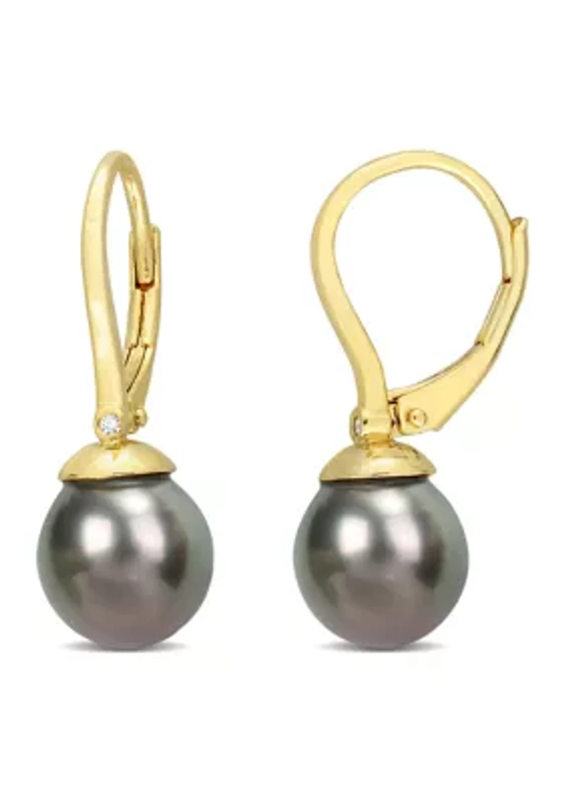 8-8.5mm Black Tahitian Cultured Freshwater Pearl & Diamond Accent Leverback Earrings in Yellow Plated Sterling Silver