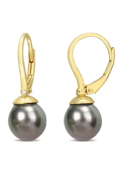 8-8.5mm Black Tahitian Cultured Freshwater Pearl & Diamond Accent Leverback Earrings in Yellow Plated Sterling Silver