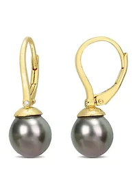 8-8.5mm Black Tahitian Cultured Freshwater Pearl & Diamond Accent Leverback Earrings in Yellow Plated Sterling Silver