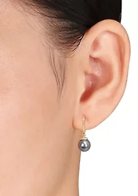 8-8.5mm Black Tahitian Cultured Freshwater Pearl & Diamond Accent Leverback Earrings in Yellow Plated Sterling Silver