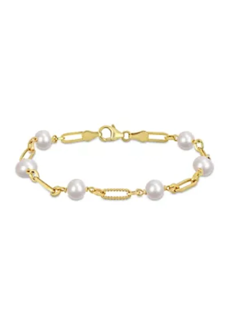 7-7.5mm Cultured Freshwater Pearl and Fancy Oval Link Bracelet in 18k Yellow Gold Plated Sterling Silver