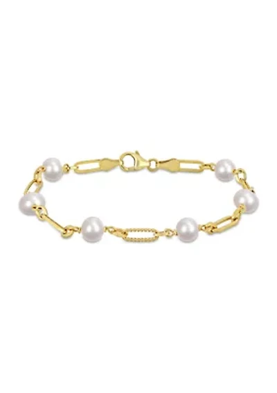 7-7.5mm Cultured Freshwater Pearl and Fancy Oval Link Bracelet in 18k Yellow Gold Plated Sterling Silver