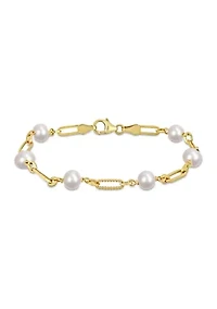 7-7.5mm Cultured Freshwater Pearl and Fancy Oval Link Bracelet in 18k Yellow Gold Plated Sterling Silver