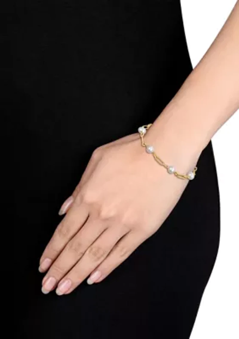 7-7.5mm Cultured Freshwater Pearl and Fancy Oval Link Bracelet in 18k Yellow Gold Plated Sterling Silver