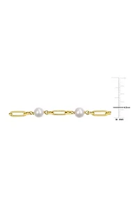 7-7.5mm Cultured Freshwater Pearl and Fancy Oval Link Bracelet in 18k Yellow Gold Plated Sterling Silver