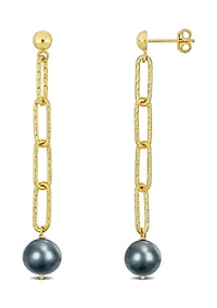 9-10mm Grey Cultured Freshwater Pearl Oval Link Earrings in 18k Yellow Gold Plated Sterling Silver