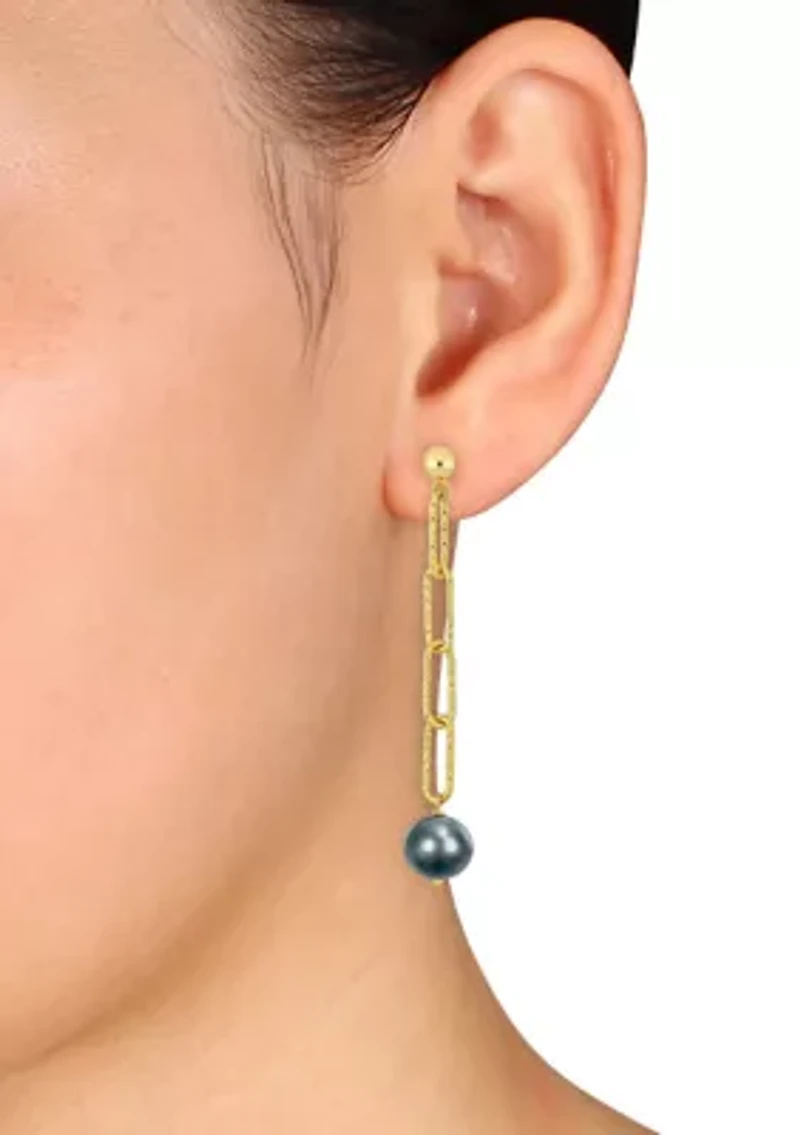 9-10mm Grey Cultured Freshwater Pearl Oval Link Earrings in 18k Yellow Gold Plated Sterling Silver